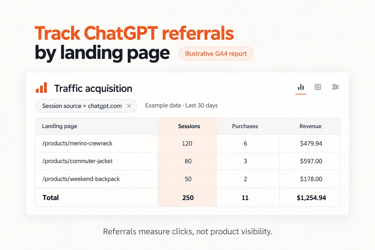 Google Analytics traffic acquisition report filtered to the session source chatgpt.com, with sessions broken down by product landing page. Illustrative example data.